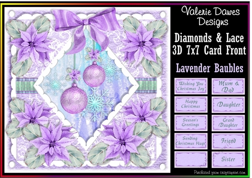 DIAMONDS & LACE 7x7 3D CARD FRONT - Lavender Baubles