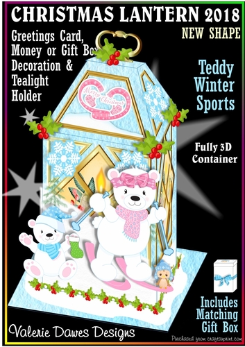 CHRISTMAS GIFT LANTERN CARD - Teddy Winter Sports