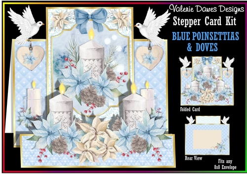FRAME STEPPER CARD - Blue Poinsettias & Doves