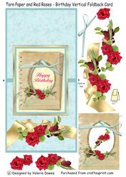 Torn Paper and Red Roses - Birthday Vertical Foldback Card