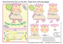 Party Invitation for a Little Girl - Decoupaged Easel Card