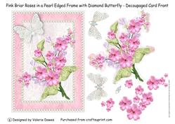 Pink Briar Roses in Pearl Edged Frame with Diamond Butterfly