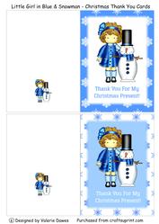 Little Girl in Blue & Snowman - Christmas Thank You Cards