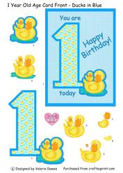 1 Year Old Age Card Front - Ducks in Blue