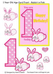 1 Year Old Age Card - Rabbit in Pink