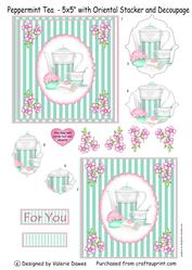 Peppermint Tea - Square Card Front with Oriental Stacker and Decoupage