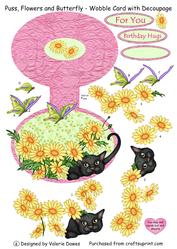 Puss, Flowers and Butterfly - Wobble Card with Decoupage