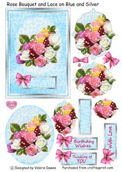 Rose Bouquet and Lace on Blue and Silver - Card Front/topper