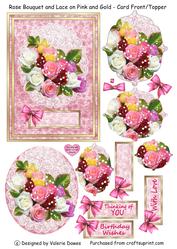 Rose Bouquet and Lace on Pink and Gold - Card Front/topper