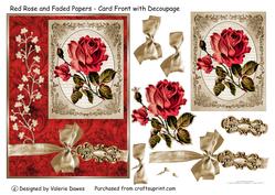 Red Rose & Faded Papers - Card Front with Decoupage