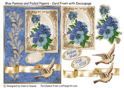 Blue Pansies and Faded Papers - Card Front with Decoupage