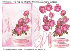 Pink Delice - Tie-flap Card with Pink Roses, Pearls & Lace