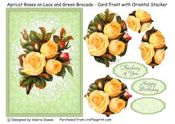 Apricot Roses on Lace & Green Brocade - Card Front