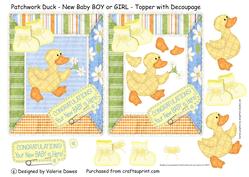 Patchwork Duck - New Baby Boy or Girl Topper with Decoupage