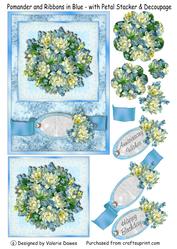 Pomander and Ribbons in Blue with Petal Stacker & Decoupage