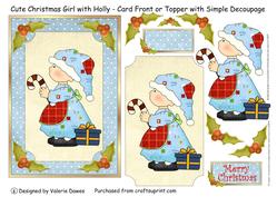 Cute Christmas Girl with Holly - Card Front or Topper