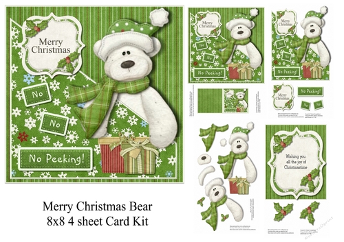 Merry Christmas Bear 8x8 Christmas Card with decoupage and insert 