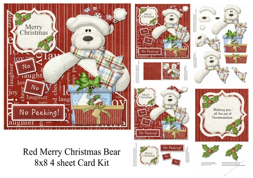 Merry Christmas Red Bear 8x8 Christmas Card with decoupage and insert 