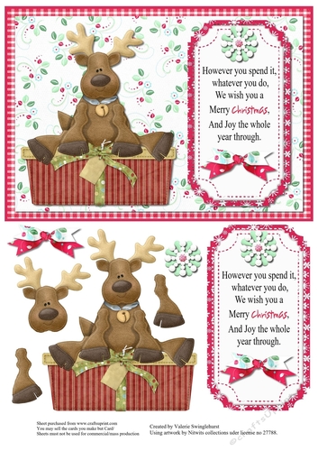 Riendeer sat on a pressie Christmas Card front