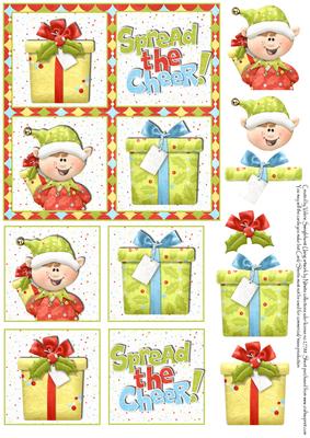 4 Square Card Front with Cute Santa's Elf and Pressies