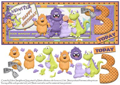 Monster 3 Today Happy Birthday Dl Card Front with Decoupage