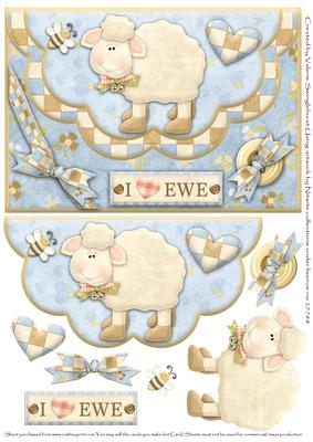 Double Scallop Envelope Card Front I Love Ewe (blue)
