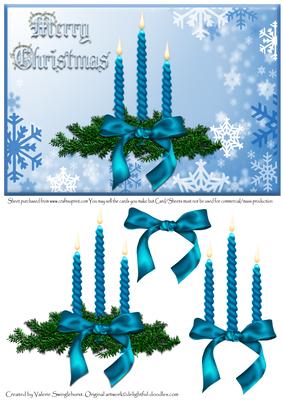 Blue Merry Christmas Candles on Snowflake Background