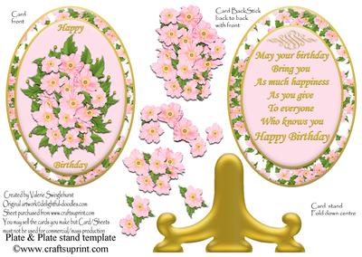 Dogwood Blossom Plate & Stand Birthday Card Pink