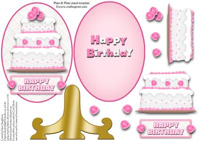 Pink Rose Birthday Cake Oval Plate & Stand Card