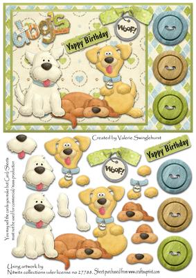 Woof! Yappy Birthday Dogs & Button Card Front with Decoupage