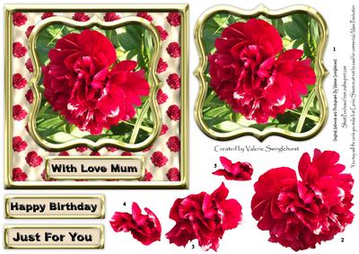Red Peony in Gold Frames with Decoupage