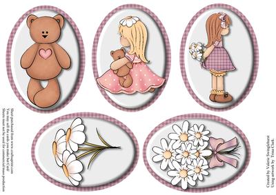 Five Oval Card Toppers Flowers,teddy,girls.