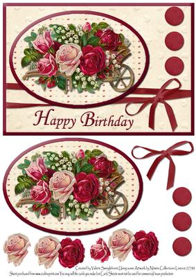 Vintage Wheelbarrow of Roses Birthday Card Front
