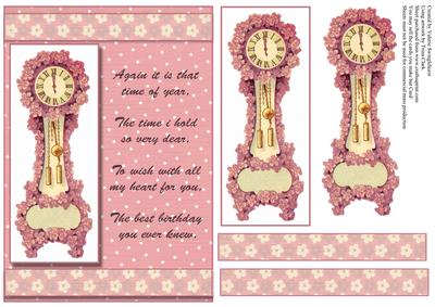 Pink Floral Clock Time of Year Birthday Card Front