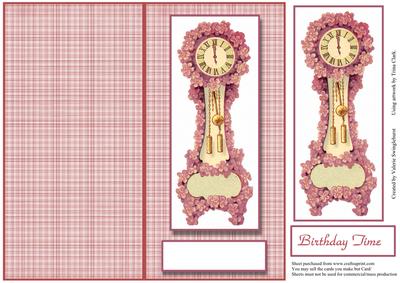 Birthday Time Pink Floral Clock Dl Quick Cut & Fold Card