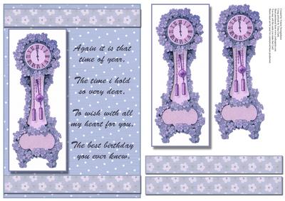 Blue Floral Clock Time of Year Birthday Card Front