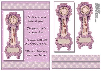 Purple Floral Clock Time of Year Birthday Card Front
