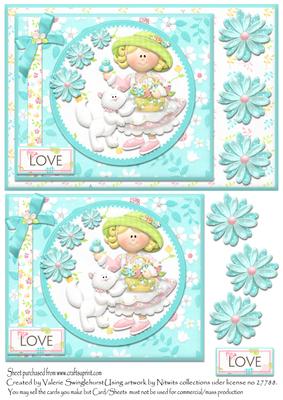 Girl with Cat Flowery Love Card Front