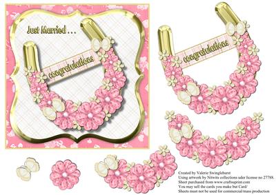 Just Married Pink & Cream Pretty Floral Horseshoe Card Front
