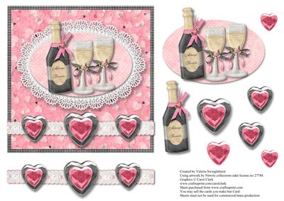Champagne Glasses & Hearts on Lace Edged Oval Card Front