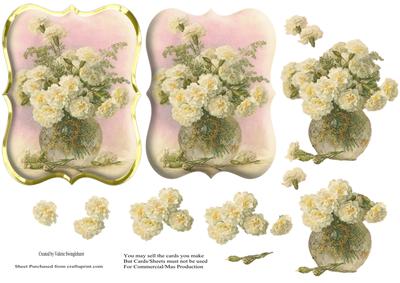 Vintage Vase of White Carnations Card Topper with Decoupage