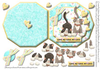 Love Me Love My Cats Octogon Cut & Fold Card Blue