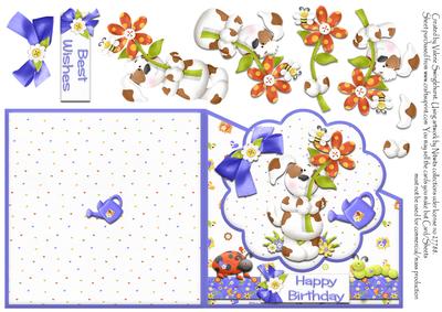 Dog with Flower Diagonal Over the Edge Birthday Card