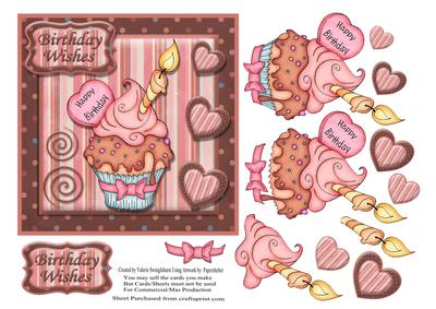 Birthday Wishes Cupcake with Candle + Decoupage Pink & Choc