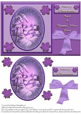 Purple Vintage Snow Scene in Oval Frame Christmas Card Front