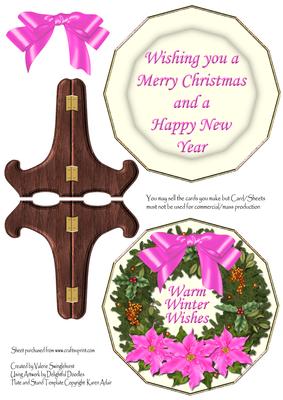 Pink Pointsettia Wreath Christmas Plate & Stand Card