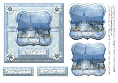 Church in the Snow Christmas Card Front Blue