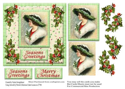 Merry Christmas Vintage Lady with Holly Card Front