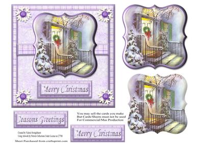 Vintage Front Door in the Snow Christmas Card Front Purple