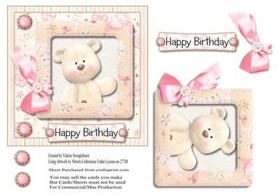 Framed Bear Happy Birthday Square Card Front Pink